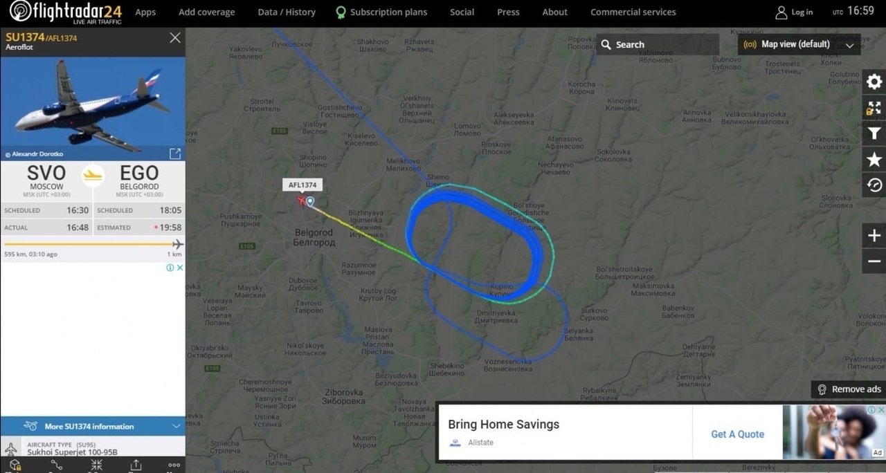 Маршрут самолёта над Белгородом